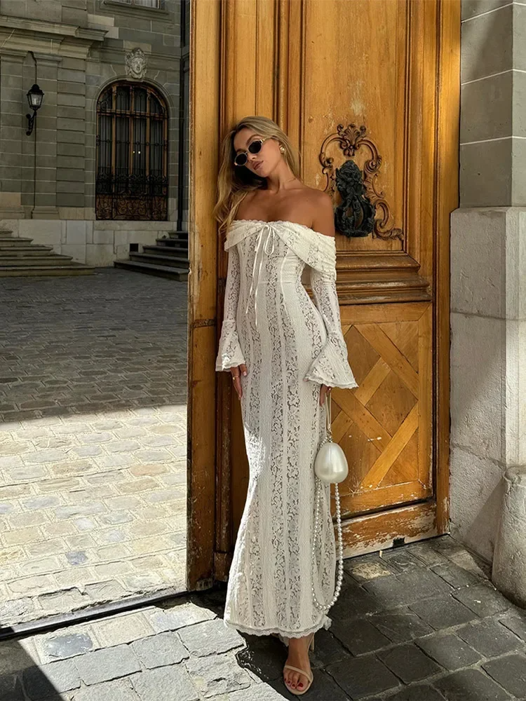 Off Shoulder Lace Foldover Collar Bell Cuff Mermaid Maxi Gown