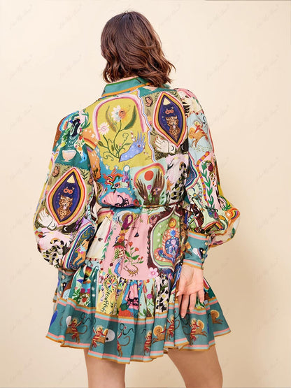 Mandarin Collar Puff Sleeve Button Front Tie Belt Printed Mini Shirt Dress