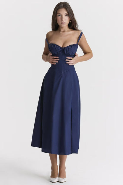Tie Front Ruched Bustier Corset Bodice A Line Midi Dress