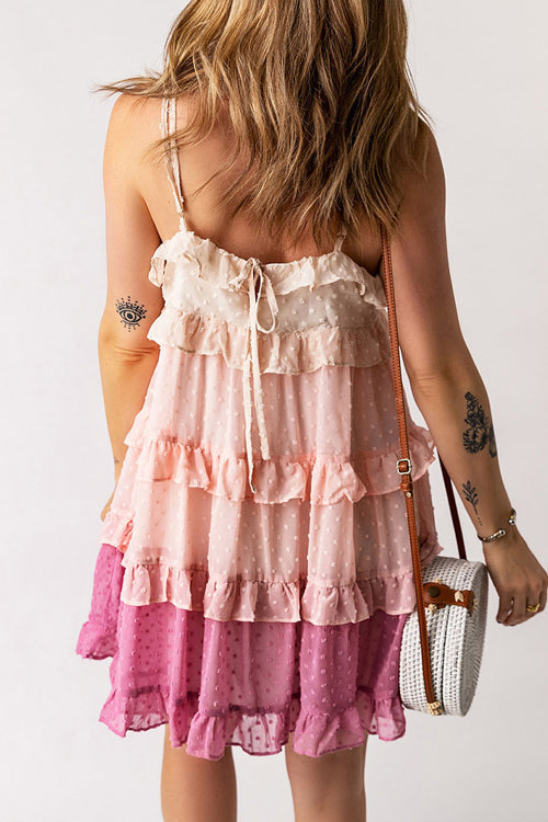 Spaghetti Strap Swiss Dot Tiered Ruffle Mini Dress