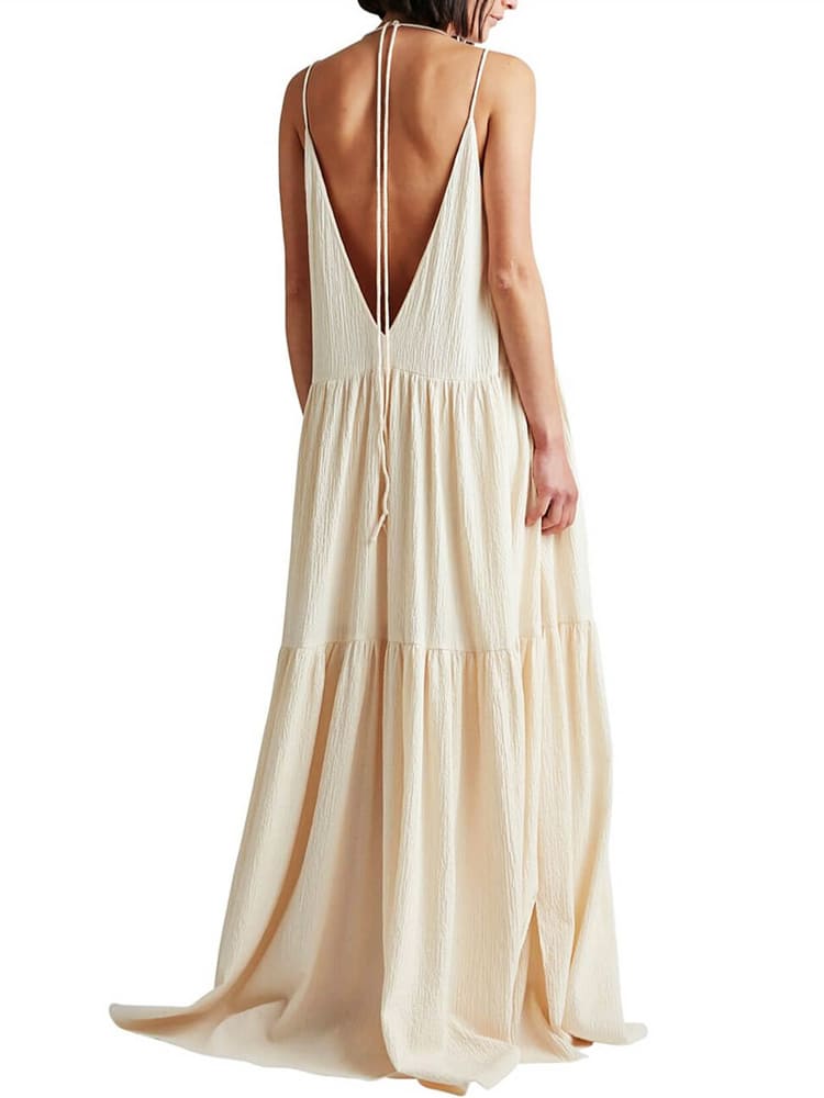 Deep V Neck Spaghetti Strap Tiered Crinkle Gauze Maxi Dress