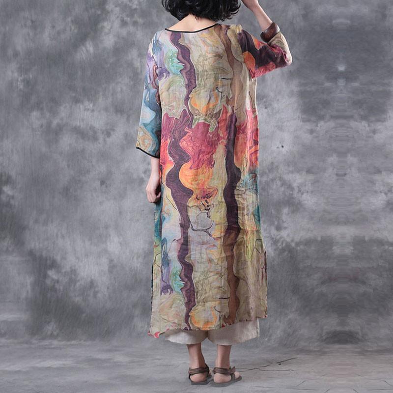 Scoop Neck Colorblock Patchwork Oversized Linen Midi Dress