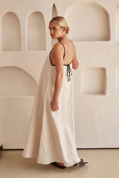 Linen Spaghetti Strap Contrast Trim Voluminous A-Line Maxi Dress