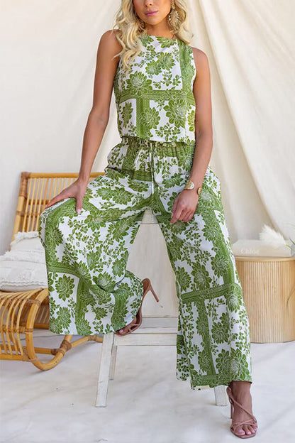 Elastic Waist Floral Print Pocketed Wide Leg Pants