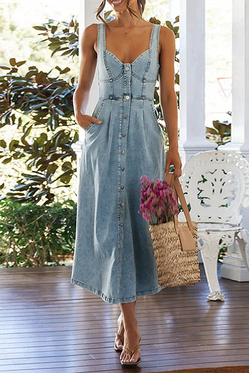 Sweetheart Neck Corset Button Front Pocket Pleated Denim Midi Dress