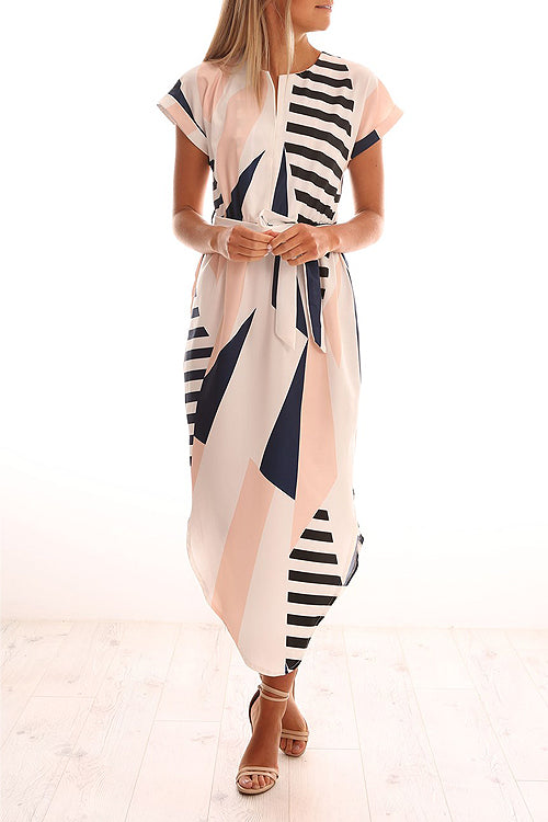 V Neck Geometric Print Tie Waist Asymmetrical Hem Midi Dress