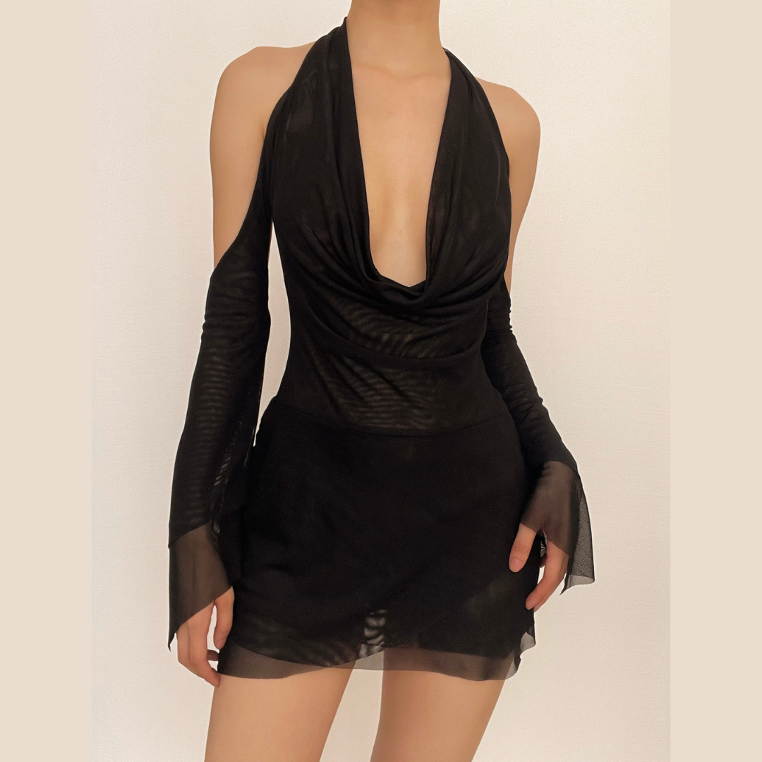 Halter Cowl Neck Mesh Off Shoulder Flare Cuff Mini Dress