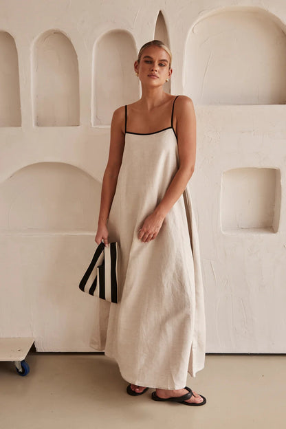 Linen Spaghetti Strap Contrast Trim Voluminous A-Line Maxi Dress