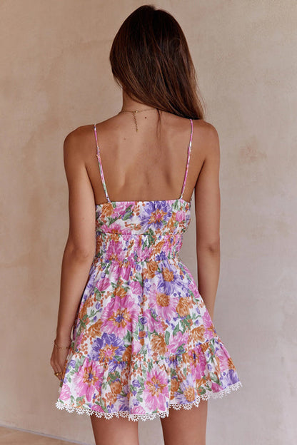 Tie Front Smocked Waist Crochet Trim Floral Ruffle Hem Mini Dress