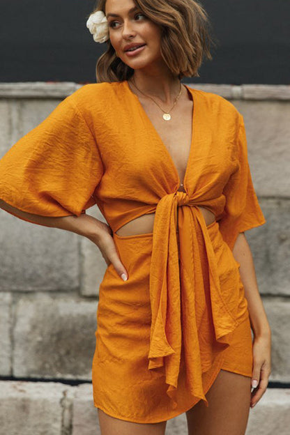 Deep V Tie Front Kimono Sleeve Crop Wrap Mini Skirt Set