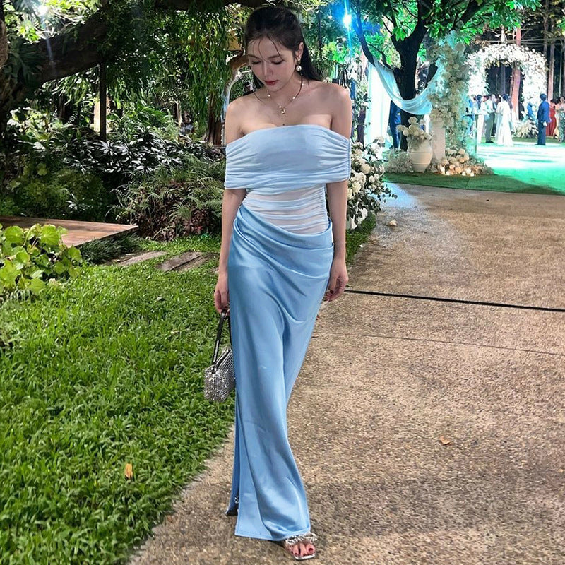 Asymmetric Off Shoulder Ruched Mesh Bodice Draped Wrap Column Maxi Gown