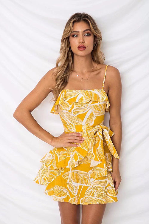 Spaghetti Strap Tie Waist Tropical Print Tiered Mini Dress