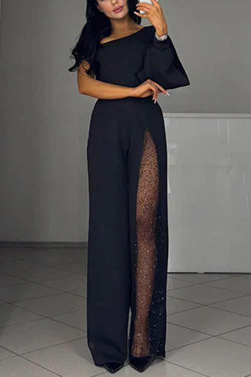 One Shoulder Long Sleeve Patchwork Wide Leg Jumpsuit