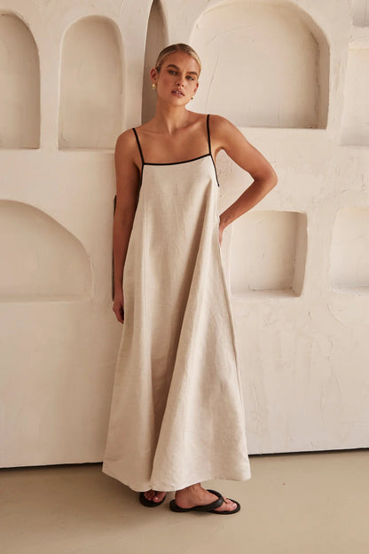 Linen Spaghetti Strap Contrast Trim Voluminous A-Line Maxi Dress