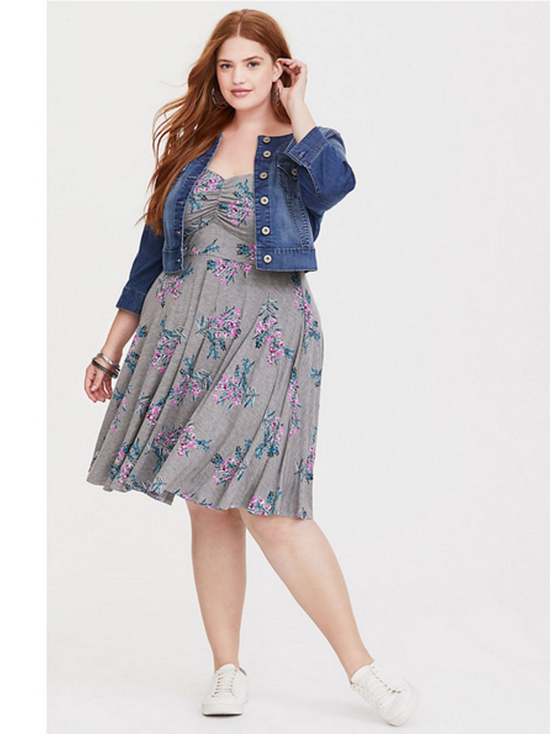Strapless Sweetheart Ruched Bust Wide Waistband Floral Print A Line Midi Dress
