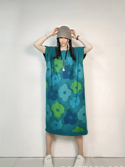 Crew Neck Short Sleeve Abstract Floral Loose Midi Dress