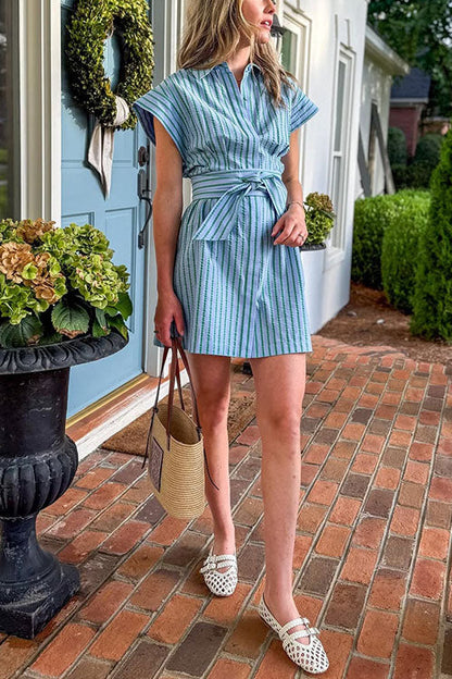 Short Sleeves Button Down Tie Waist Striped Mini Dress