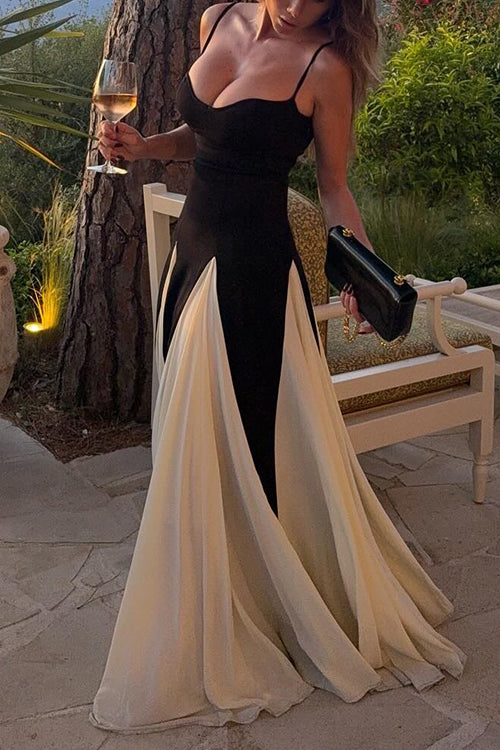 Spaghetti Strap Low Cut Color Block Swing Maxi Dress