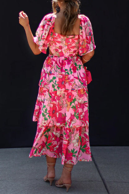 Square Neck Flutter Sleeve Waist Cutout Tiered Ruffle Floral Midi Dress