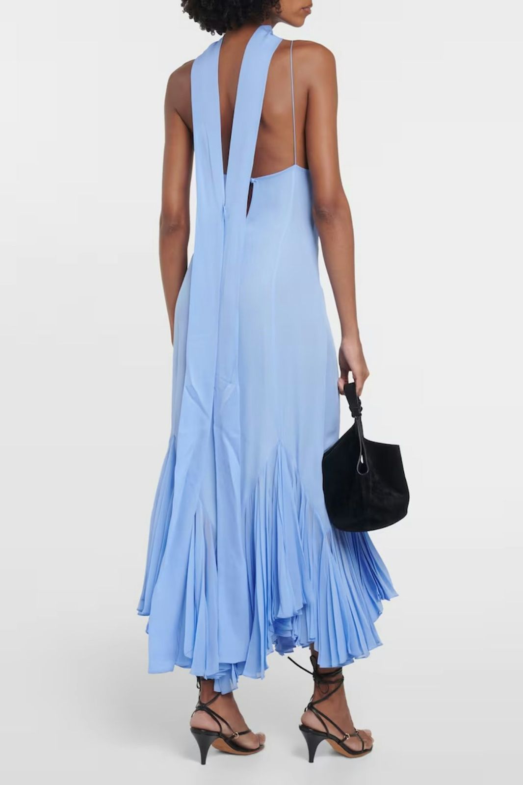 Spaghetti Strap Pleated Chevron Hem Midi Dress With Scarf