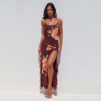 Spaghetti Strap Scoop Neck Side Ruffle Trim Floral Maxi Dress