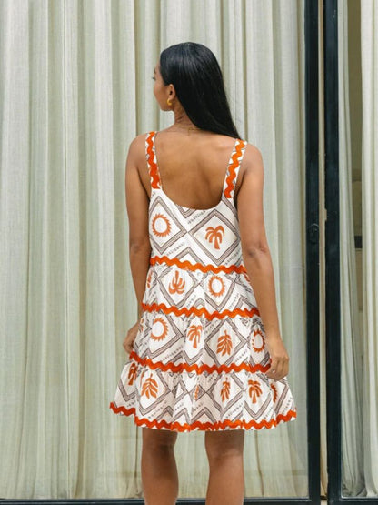 Square Neck Tiered Ric Rac Trim A-Line Babydoll Mini Dress