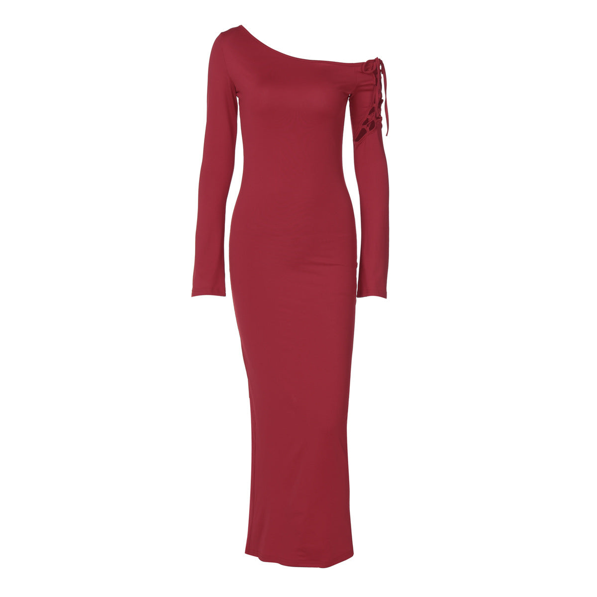 One Shoulder Lace Up Sleeve Bodycon Split Maxi Dress