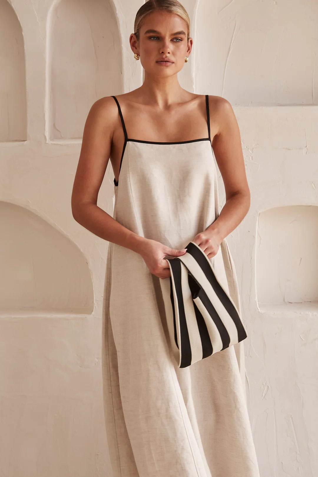 Linen Spaghetti Strap Contrast Trim Voluminous A-Line Maxi Dress