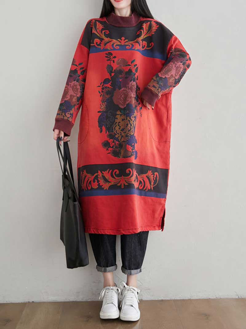 Mock Neck Art Print Oversized Midi Sweater Dress