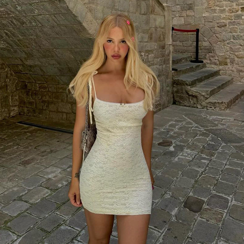 Scoop Neck Tie Shoulder Floral Lace Bodycon Mini Dress