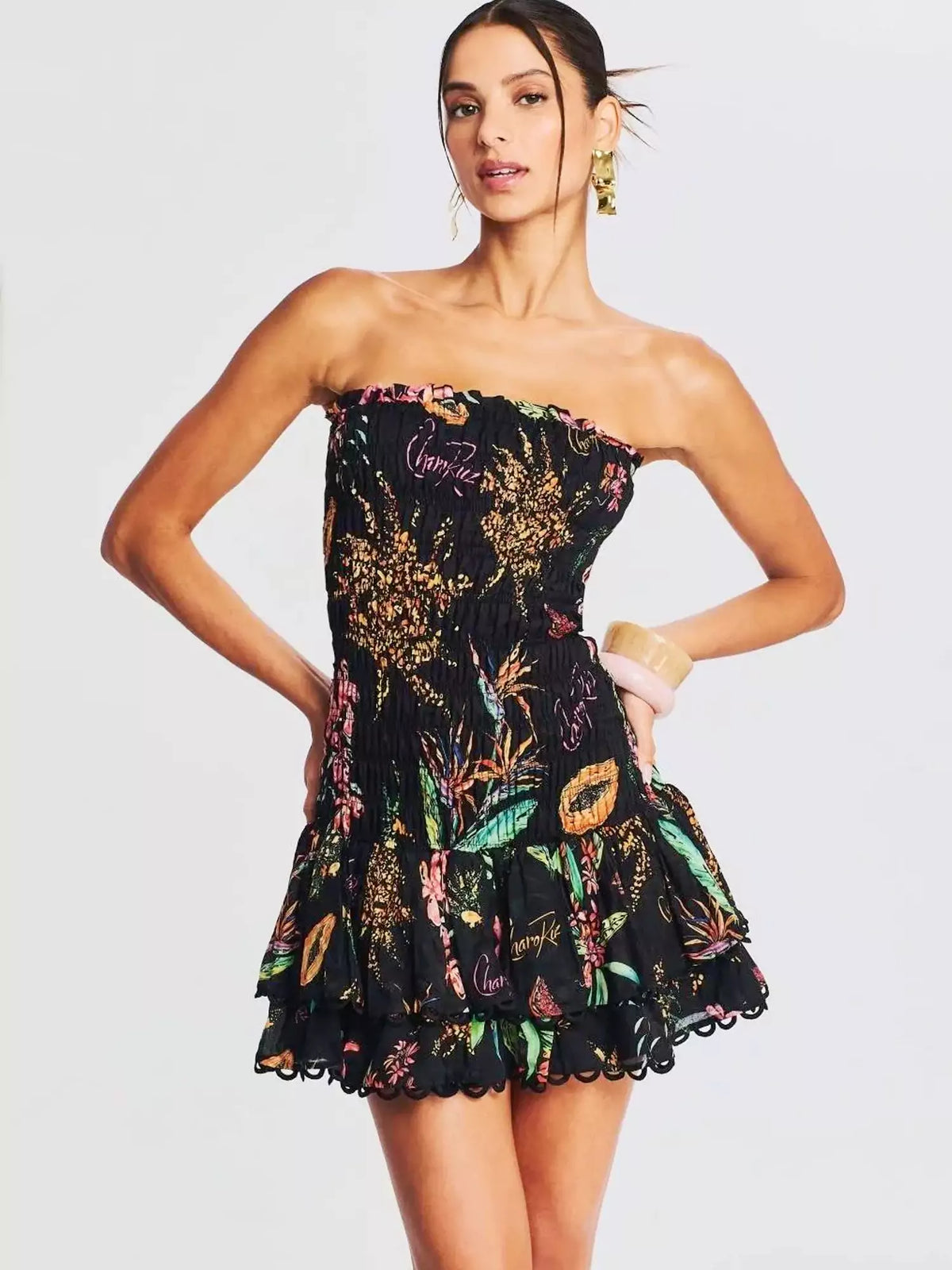 Strapless Smocked Bodice Tiered Ruffle Scalloped Lace Trim Tropical Print Mini Dress