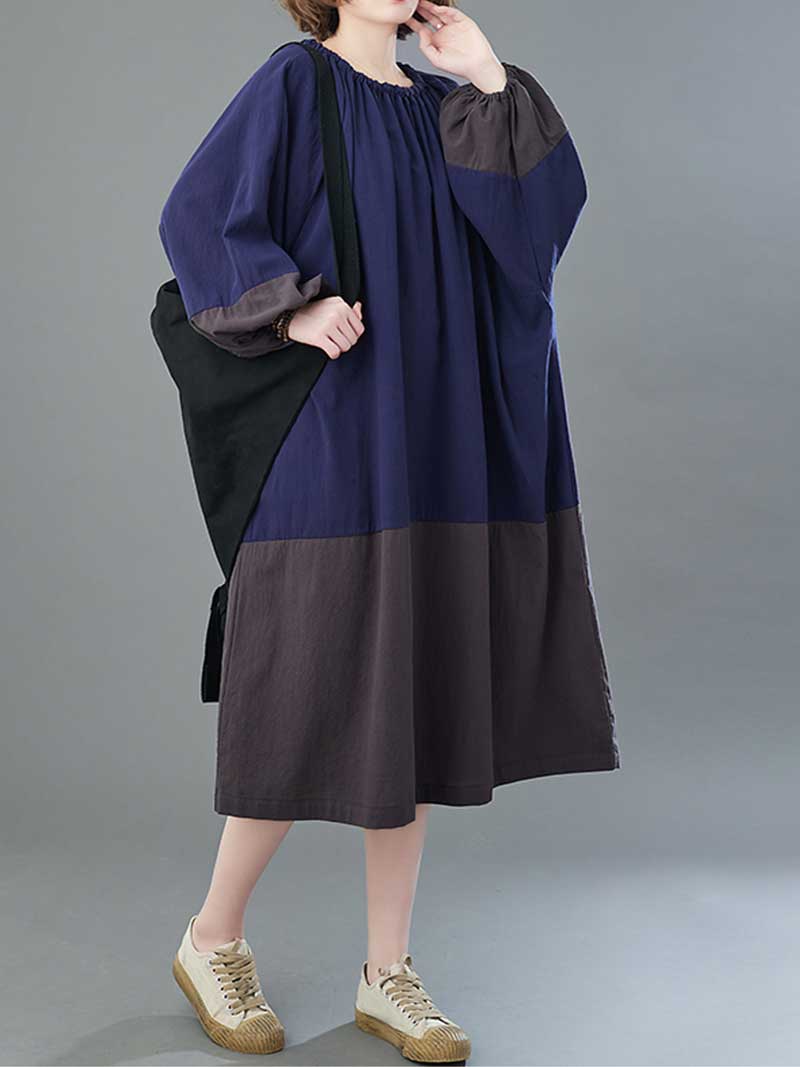 Gathered Neck Colorblock Lantern Sleeve Midi Dress
