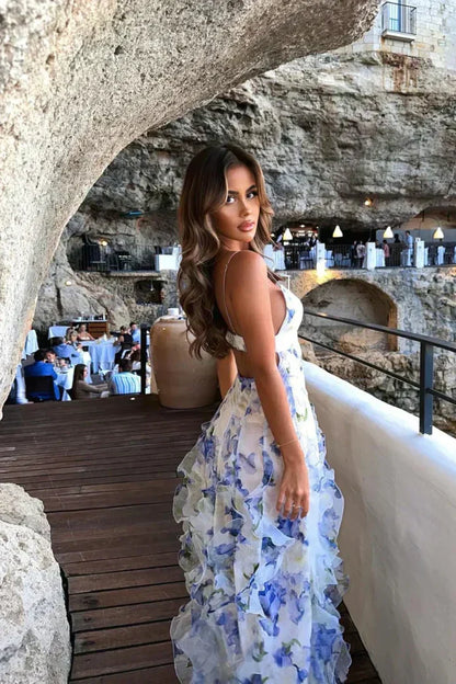 Plunge V-Neck Spaghetti Strap Tiered Ruffle Floral Maxi Dress