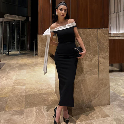 Off Shoulder Oversized Bow Sash Column Maxi Gown