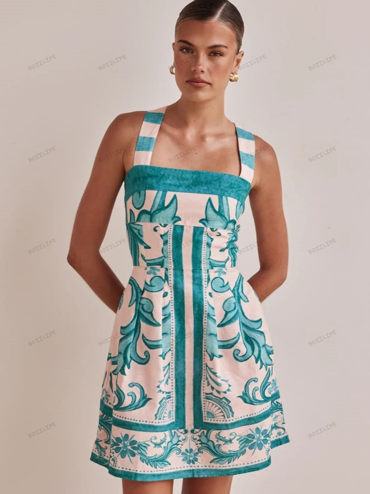 Graphic Print Spaghetti Strap Smocked Tier Mini Dress