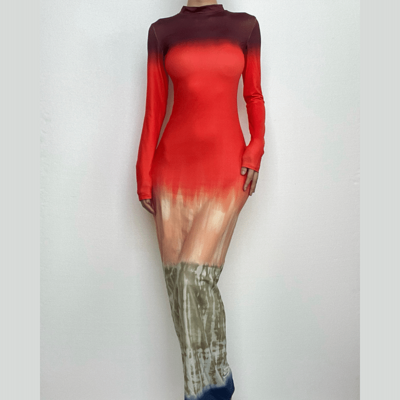Tie Dye Print Mock Neck Long Sleeve Bodycon Maxi Dress