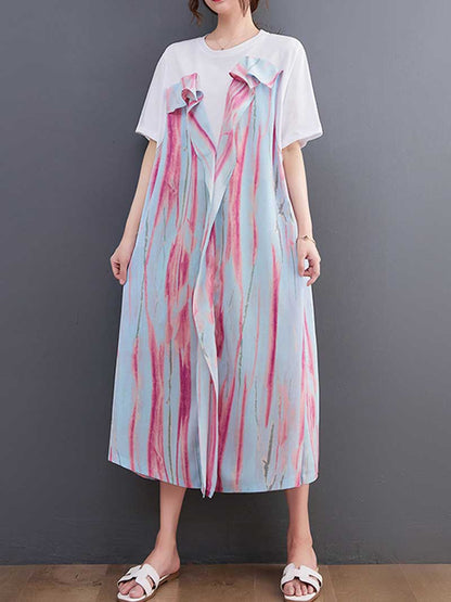 Sleeveless V Neck Abstract Brushstroke Print Layered Midi Dress