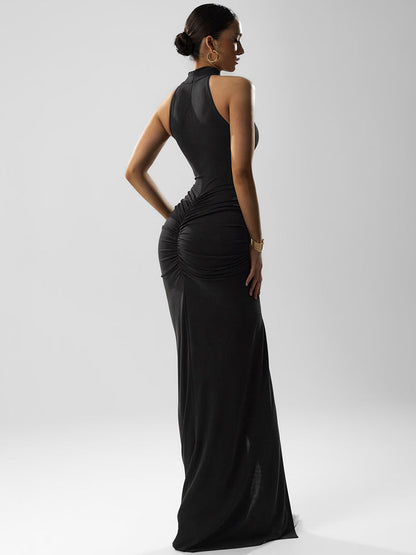 Halter Neck Ruched Hip Front Slit Bodycon Maxi Dress