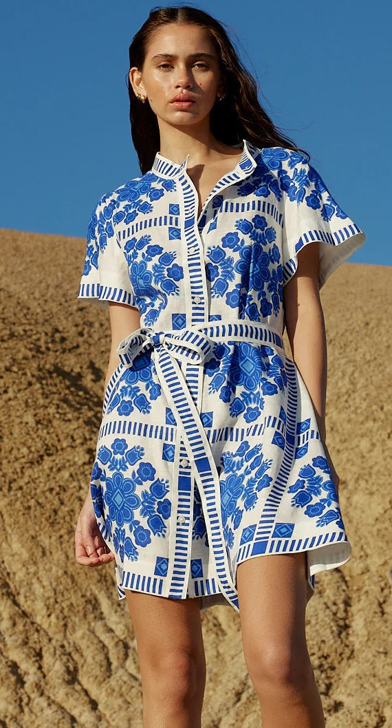 Mandarin Collar Short Sleeve Tie Waist Folk Floral Geometric Print Shirt Mini Dress