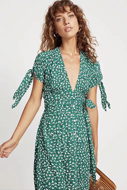 Deep V Neck Short Sleeve Tie Cuff Print Wrap Mini Dress