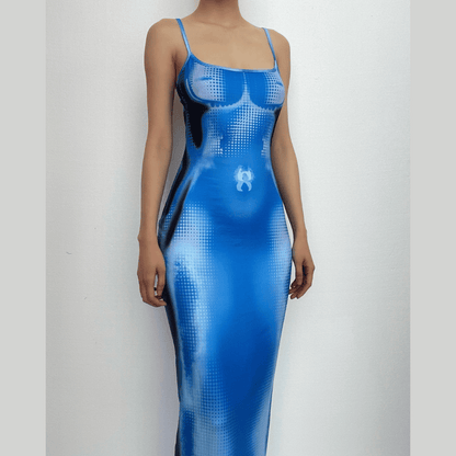 Square Neck Spaghetti Strap Trompe Loeil Contour Print Bodycon Maxi Dress