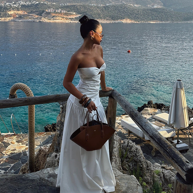 Strapless Twist Bust Underbust Cutout Ruched Drop Waist Ball Gown Maxi Dress