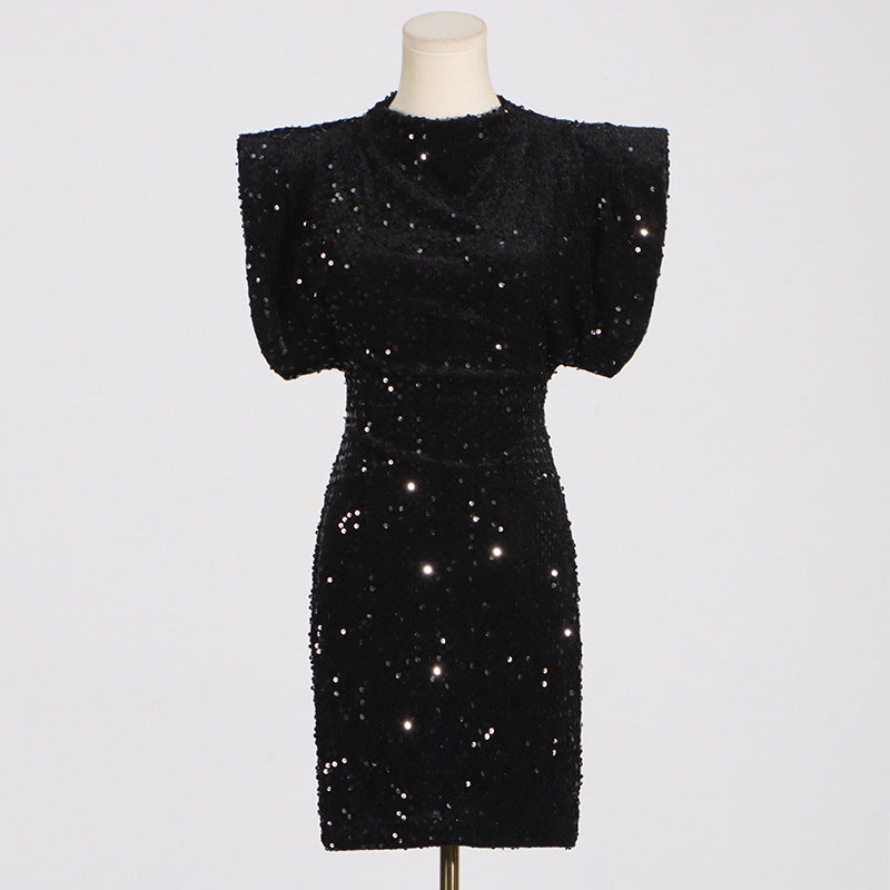 Padded Shoulder Sequin Bodycon Mini Dress