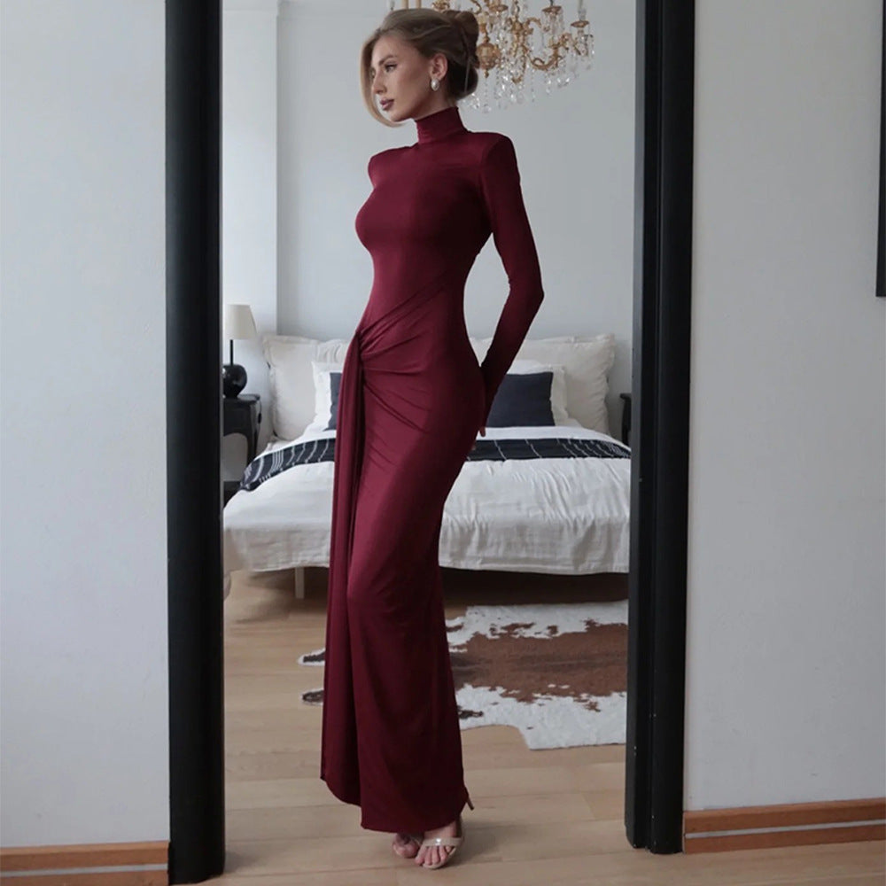 Mock Neck Long Sleeve Hip Knot Draped Panel Column Maxi Dress