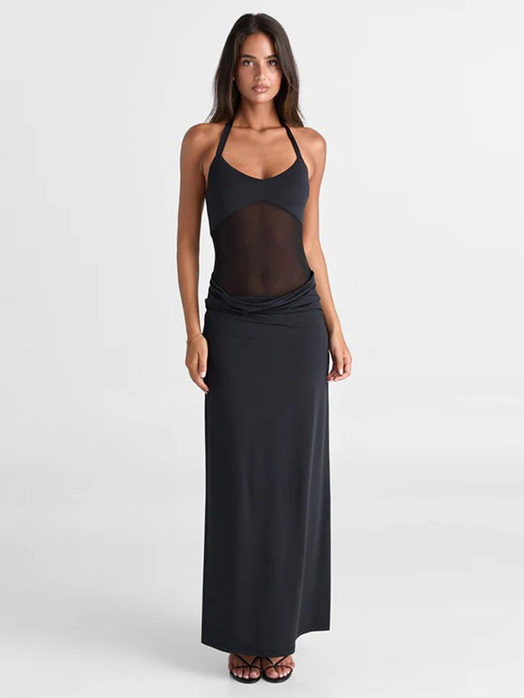 Halter Neck Mesh Waist Cutout Column Maxi Dress