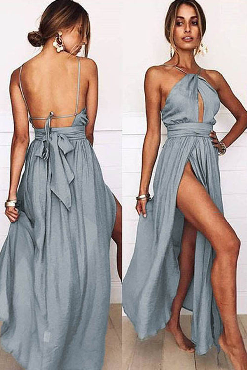 Spaghetti Strap Deep V Tie Back Gathered Maxi Dress