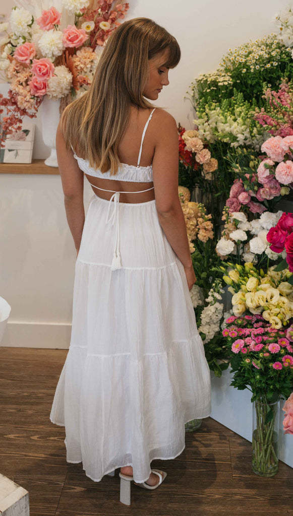 Spaghetti Strap Smocked Tie Tassel Side Cutout Tiered Crinkle Maxi Dress