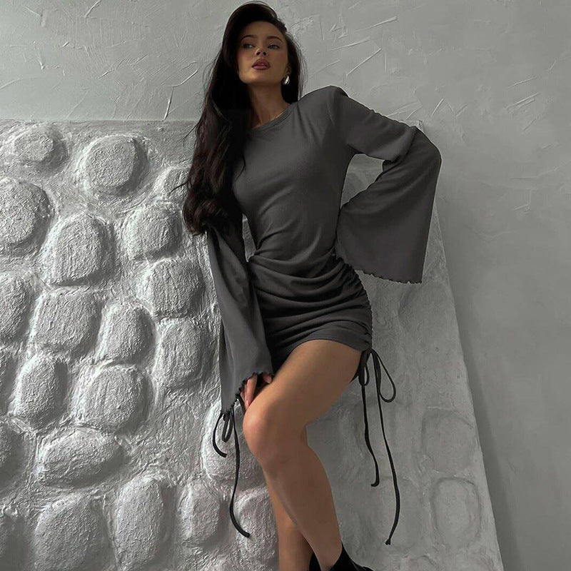 Crew Neck Bell Sleeve Side Ruched Drawstring Mini Dress