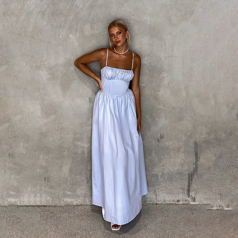 Spaghetti Strap Ruched Bust Corset Bodice A Line Maxi Dress