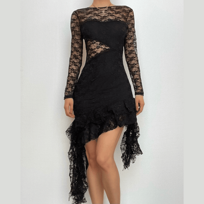 Lace Sweetheart Cutout Long Sleeve Asymmetric Ruffle Hem Mini Dress